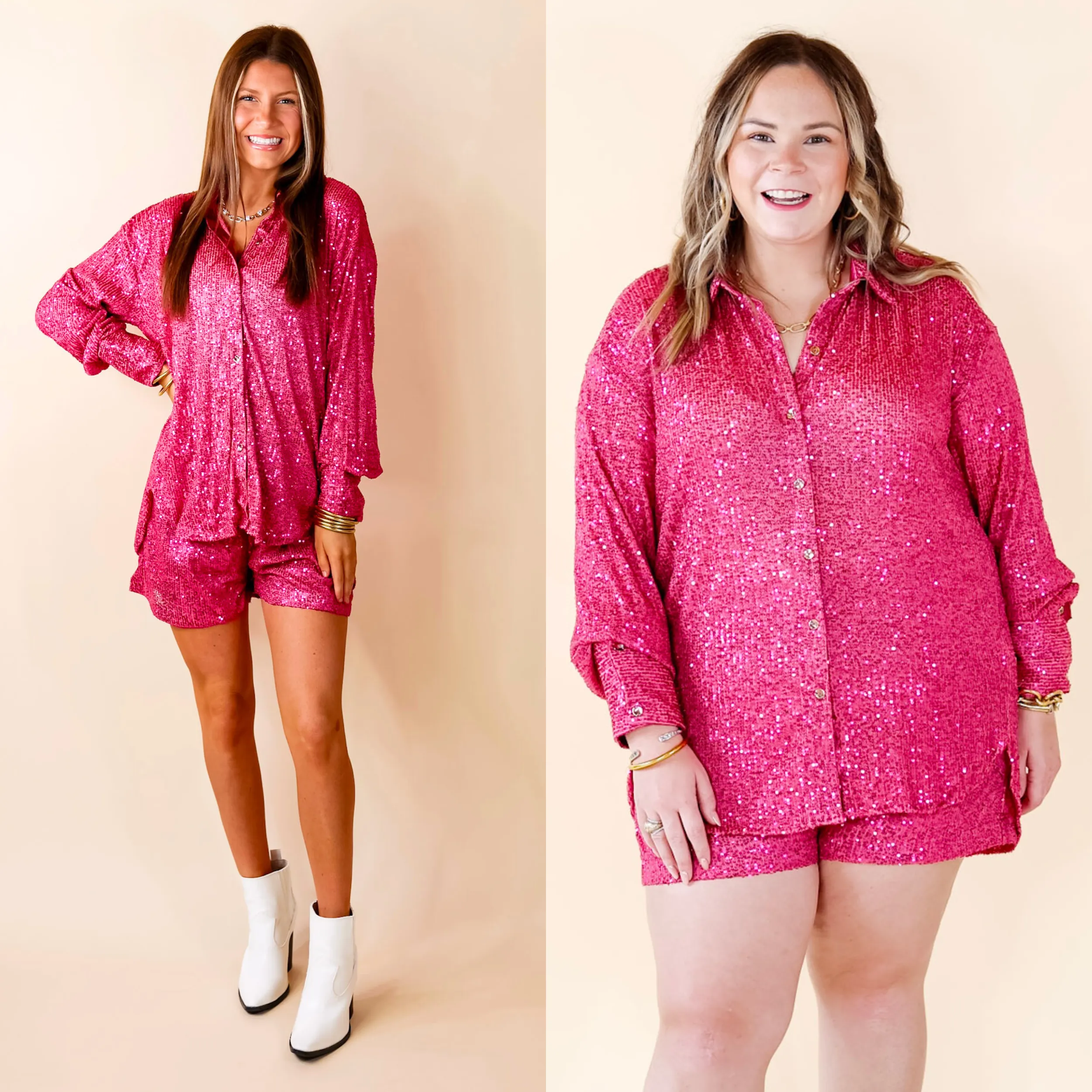 Little Miss Perfect Sequin Button Up Top in Fuchsia Pink