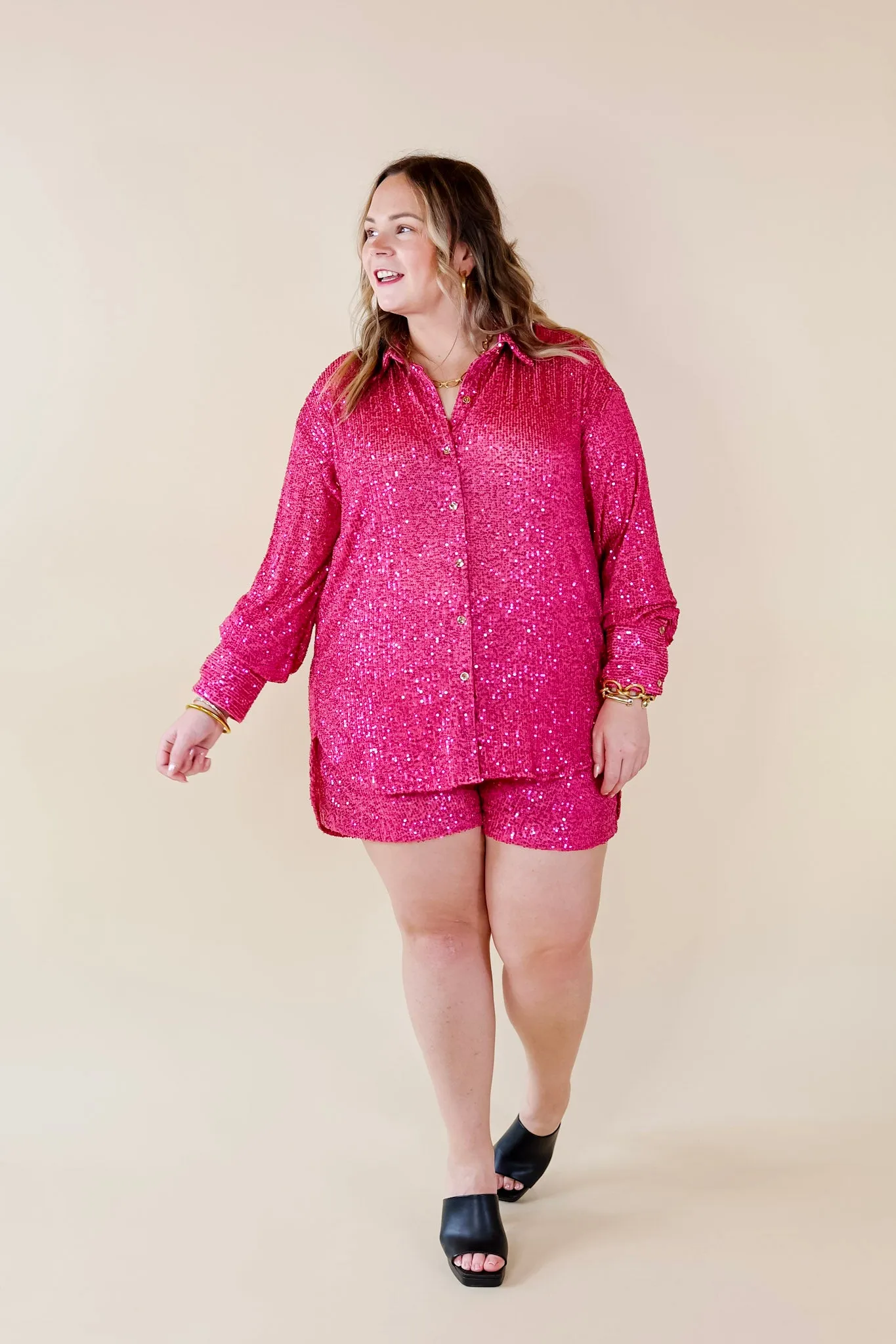 Little Miss Perfect Sequin Button Up Top in Fuchsia Pink