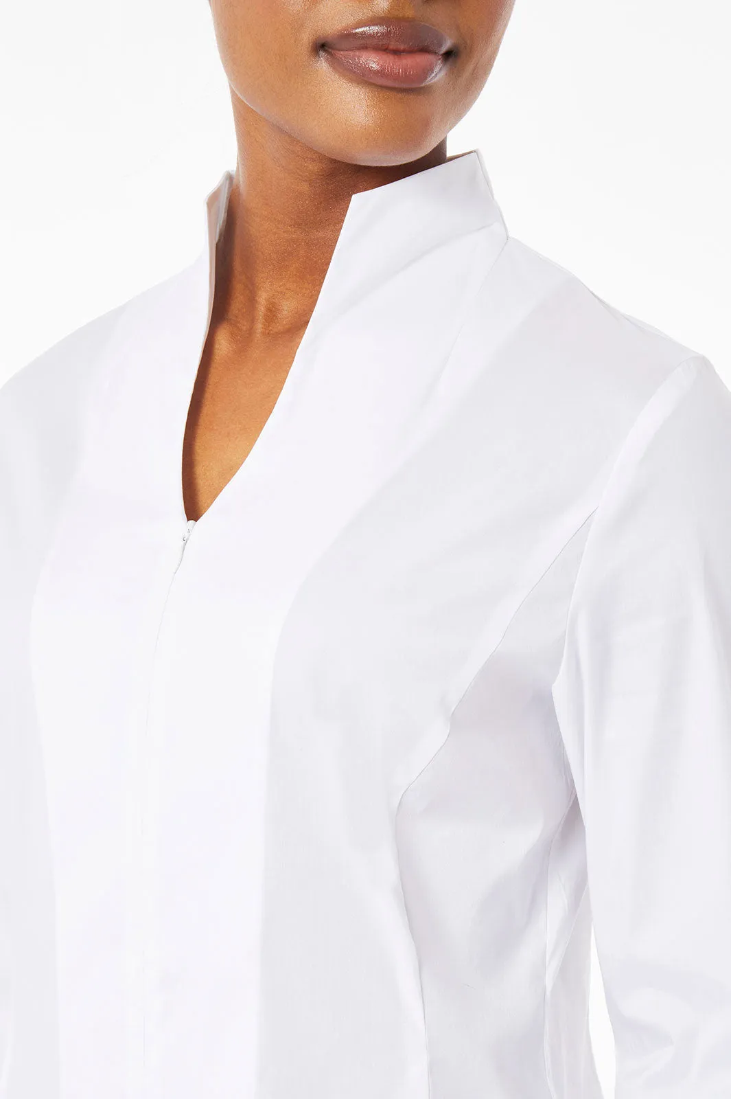 Long Sleeve Zip-Up Cotton Poplin Blouse, White