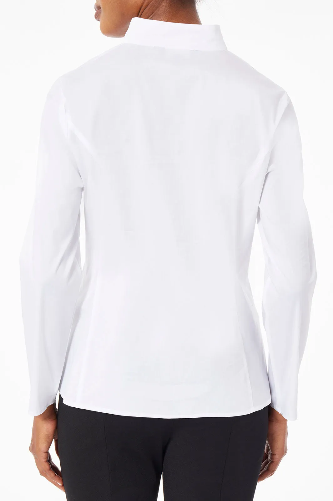 Long Sleeve Zip-Up Cotton Poplin Blouse, White