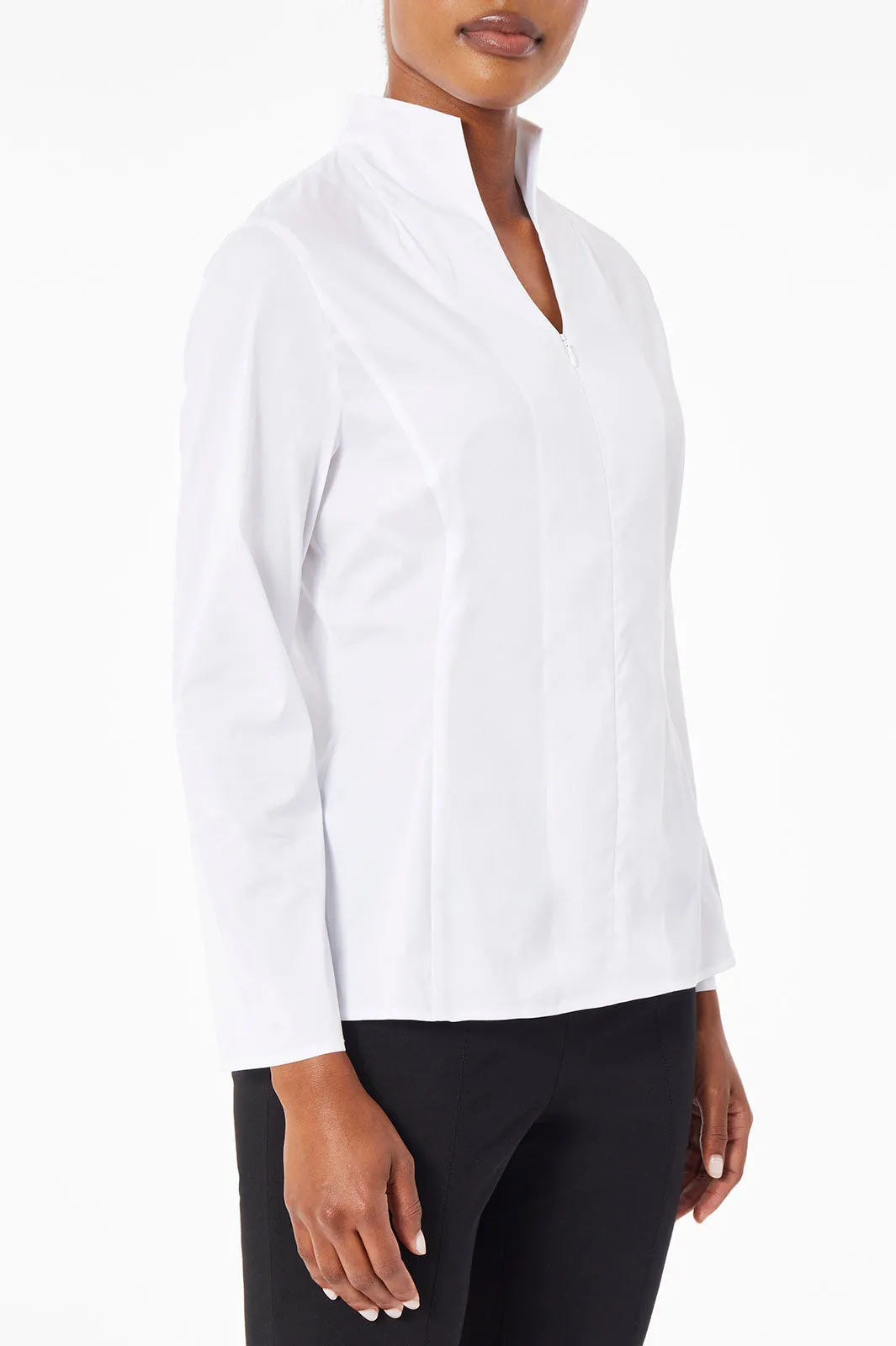 Long Sleeve Zip-Up Cotton Poplin Blouse, White