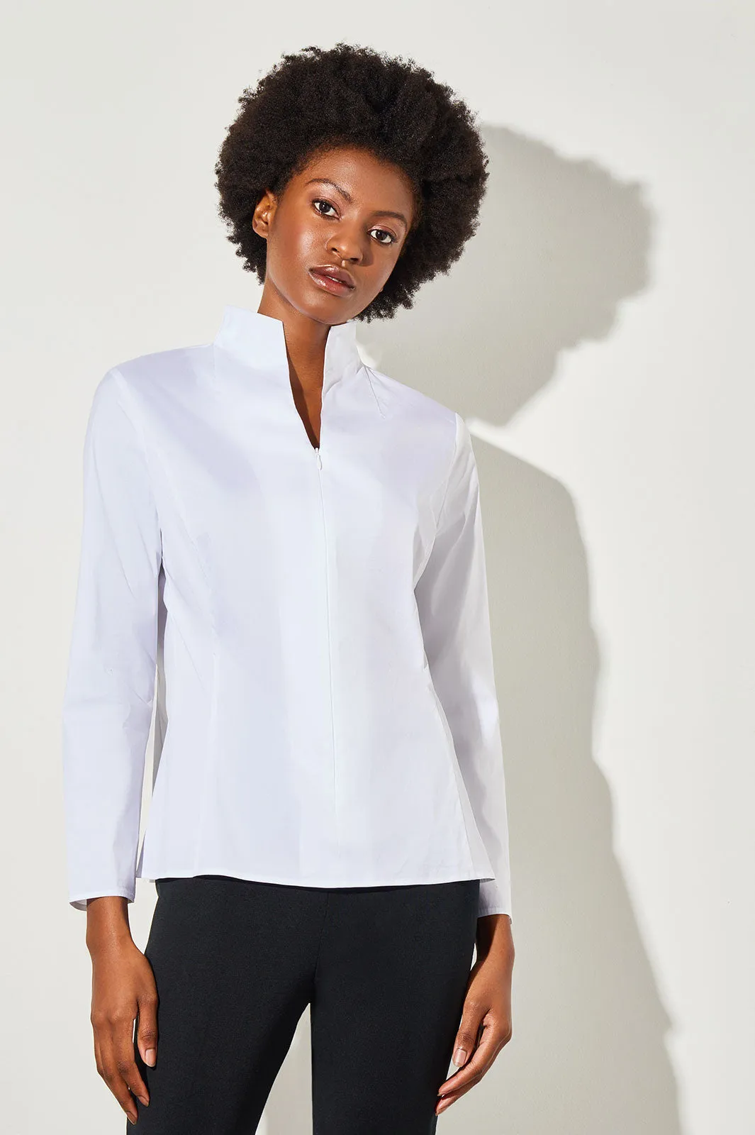 Long Sleeve Zip-Up Cotton Poplin Blouse, White