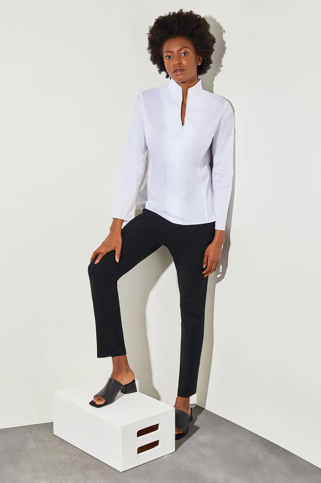 Long Sleeve Zip-Up Cotton Poplin Blouse, White