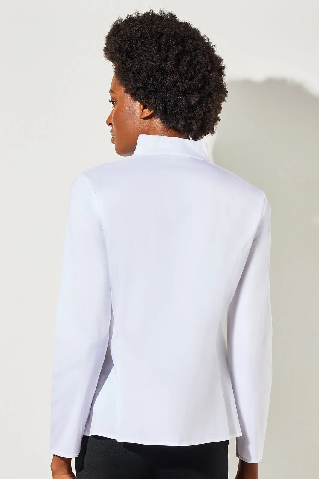 Long Sleeve Zip-Up Cotton Poplin Blouse, White