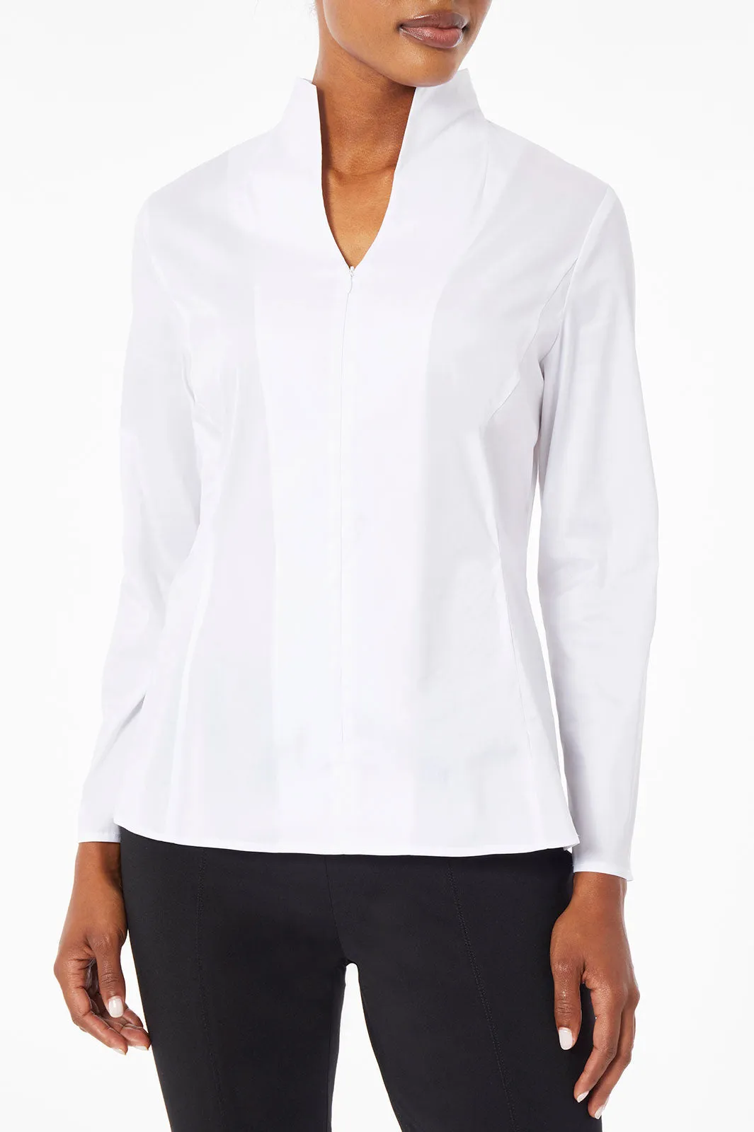 Long Sleeve Zip-Up Cotton Poplin Blouse, White