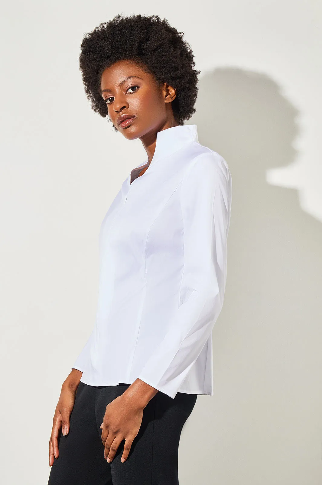 Long Sleeve Zip-Up Cotton Poplin Blouse, White