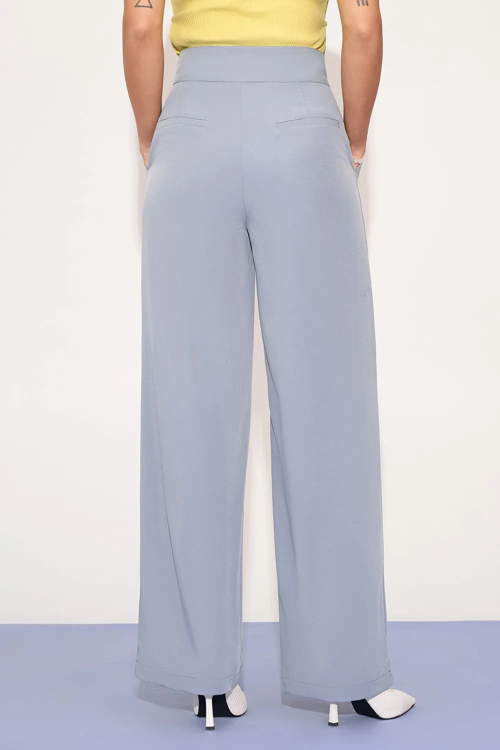 Opal Blue Pleated Double Button Korean Pants