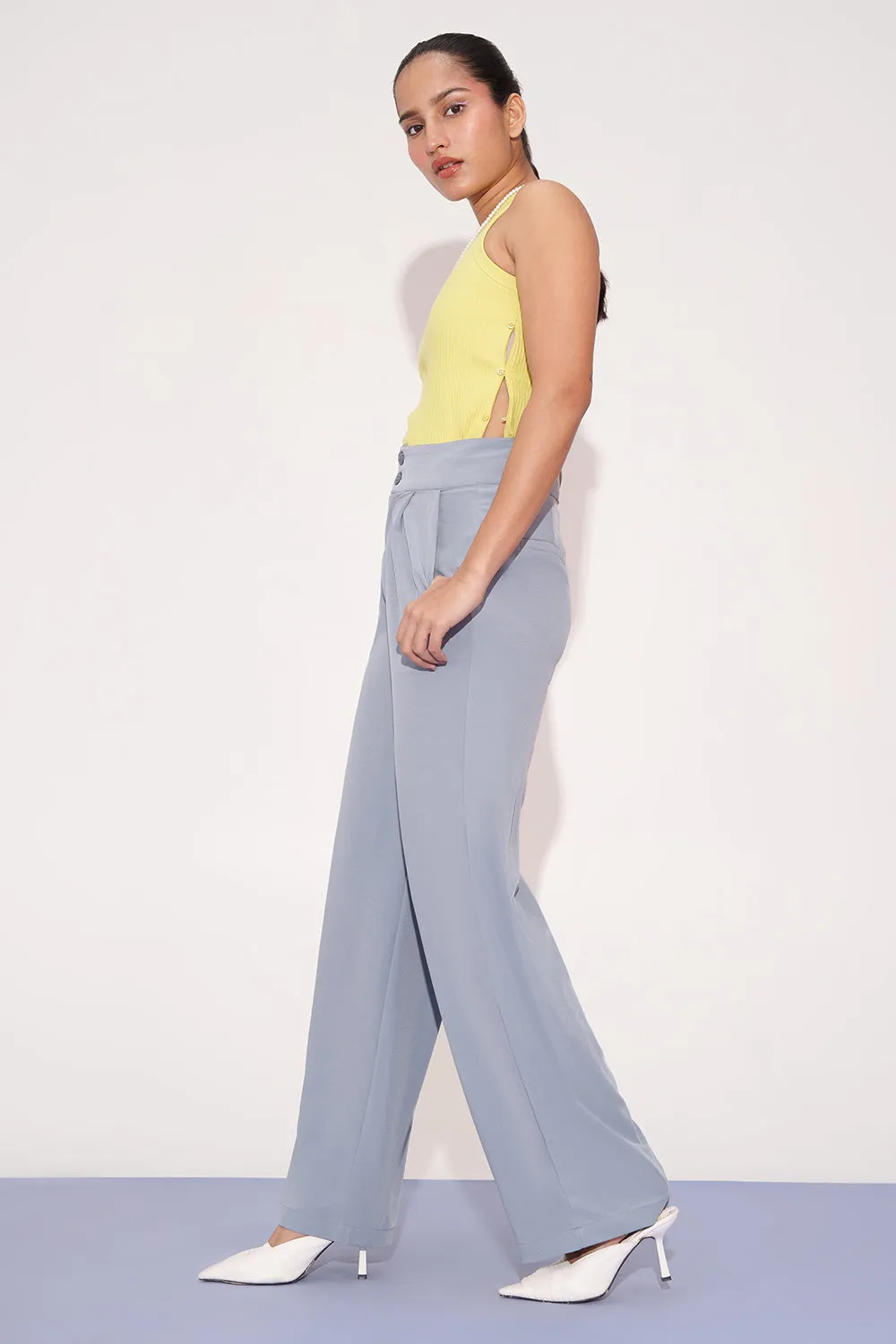 Opal Blue Pleated Double Button Korean Pants