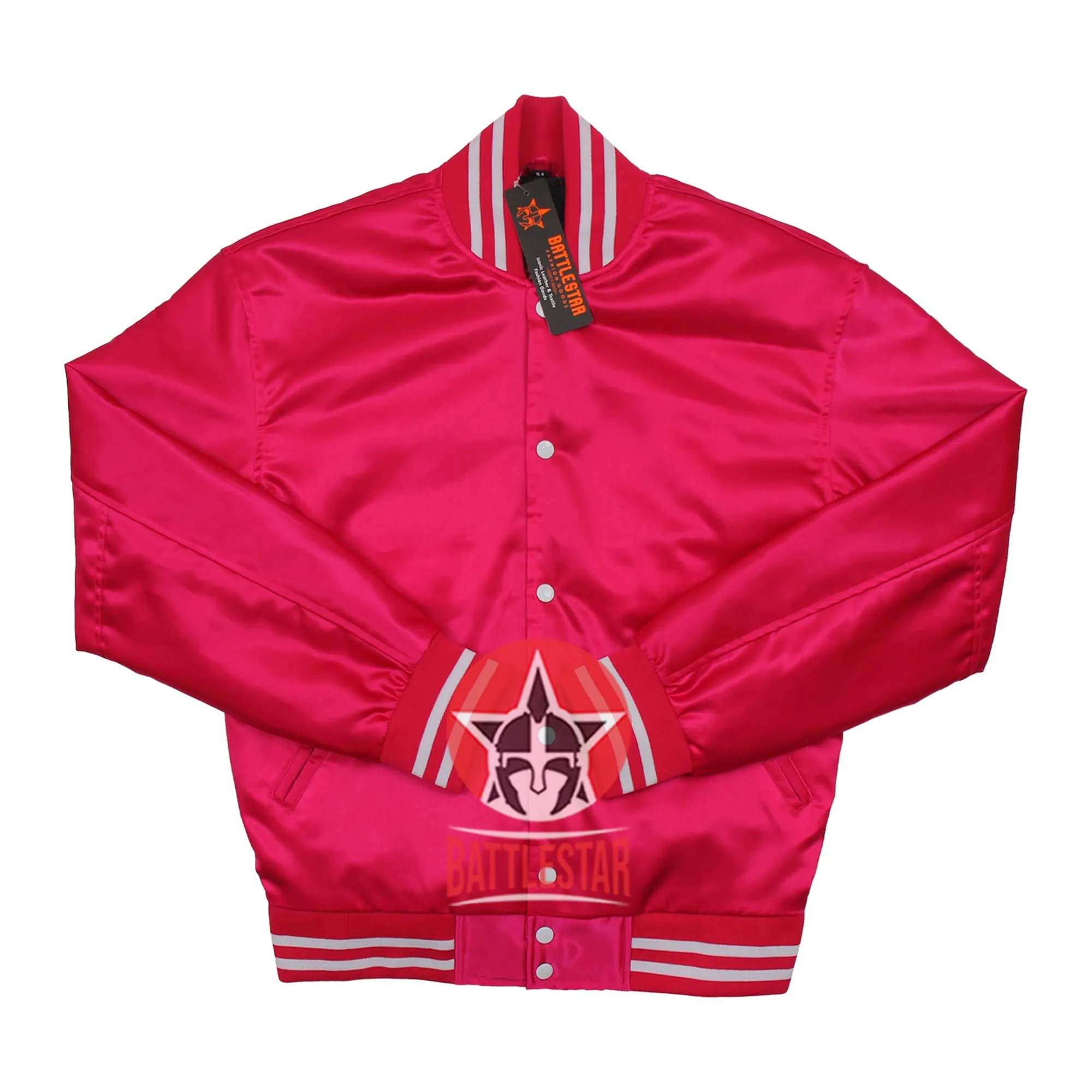 Pink Satin Varsity Baseball Jacket Pink White Rib