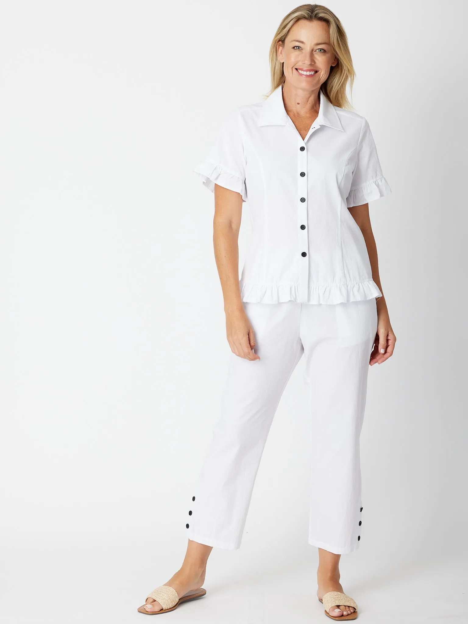 Polished Cotton Button Pant - 30650 White