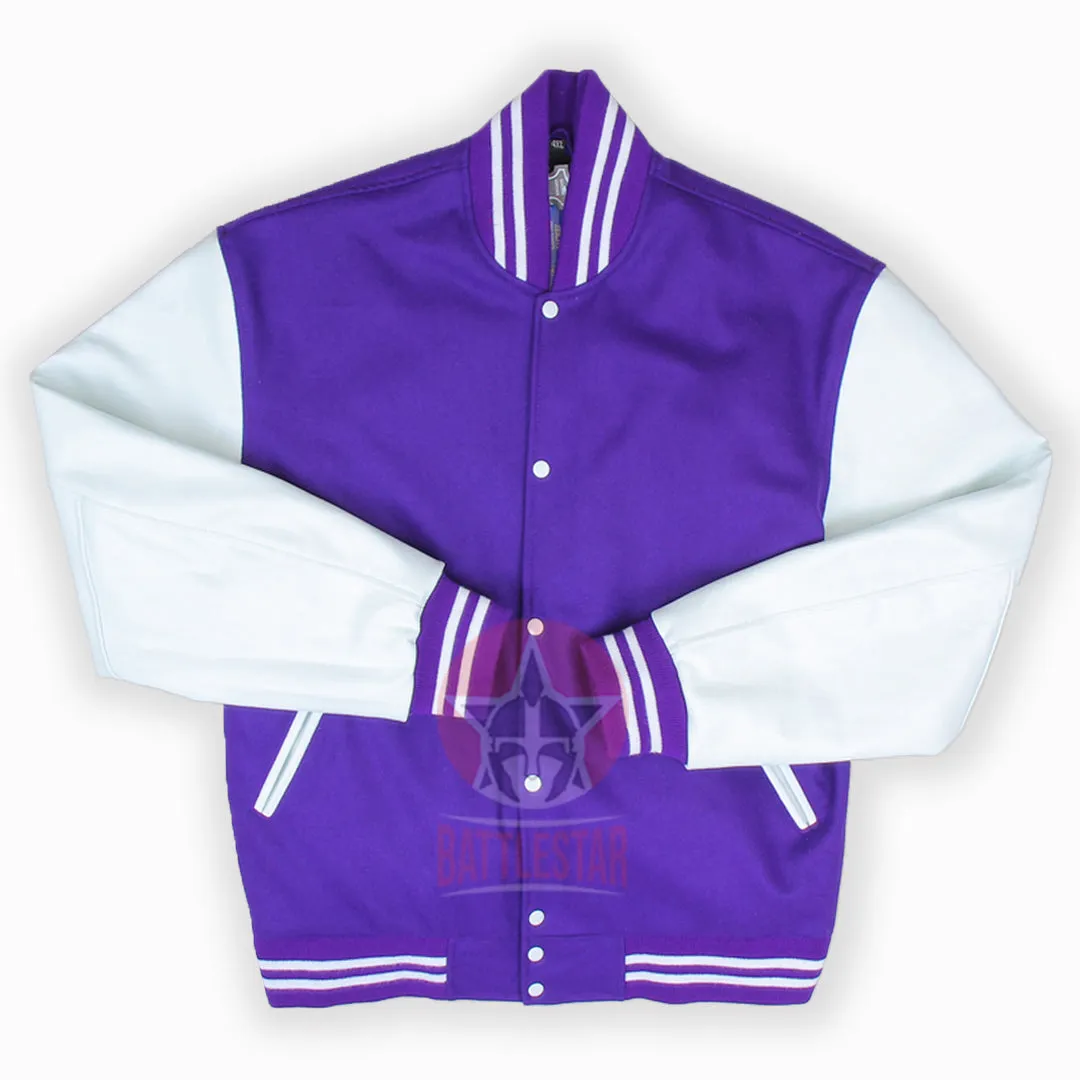 Purple Wool Varsity Baseball Jacket White Leather Sleeves