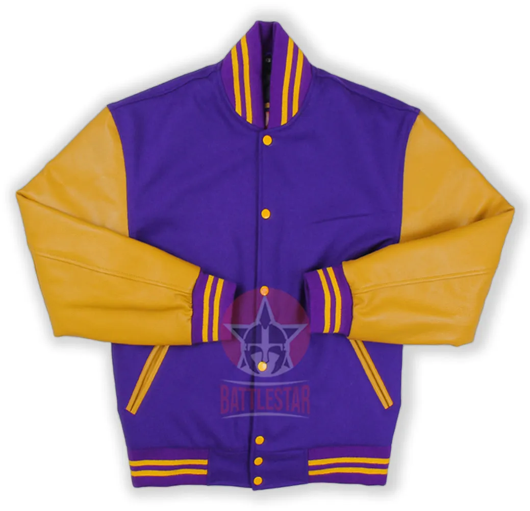 Purple Wool Varsity Jacket Gold Yellow Leather Sleeves