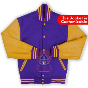 Purple Wool Varsity Jacket Gold Yellow Leather Sleeves