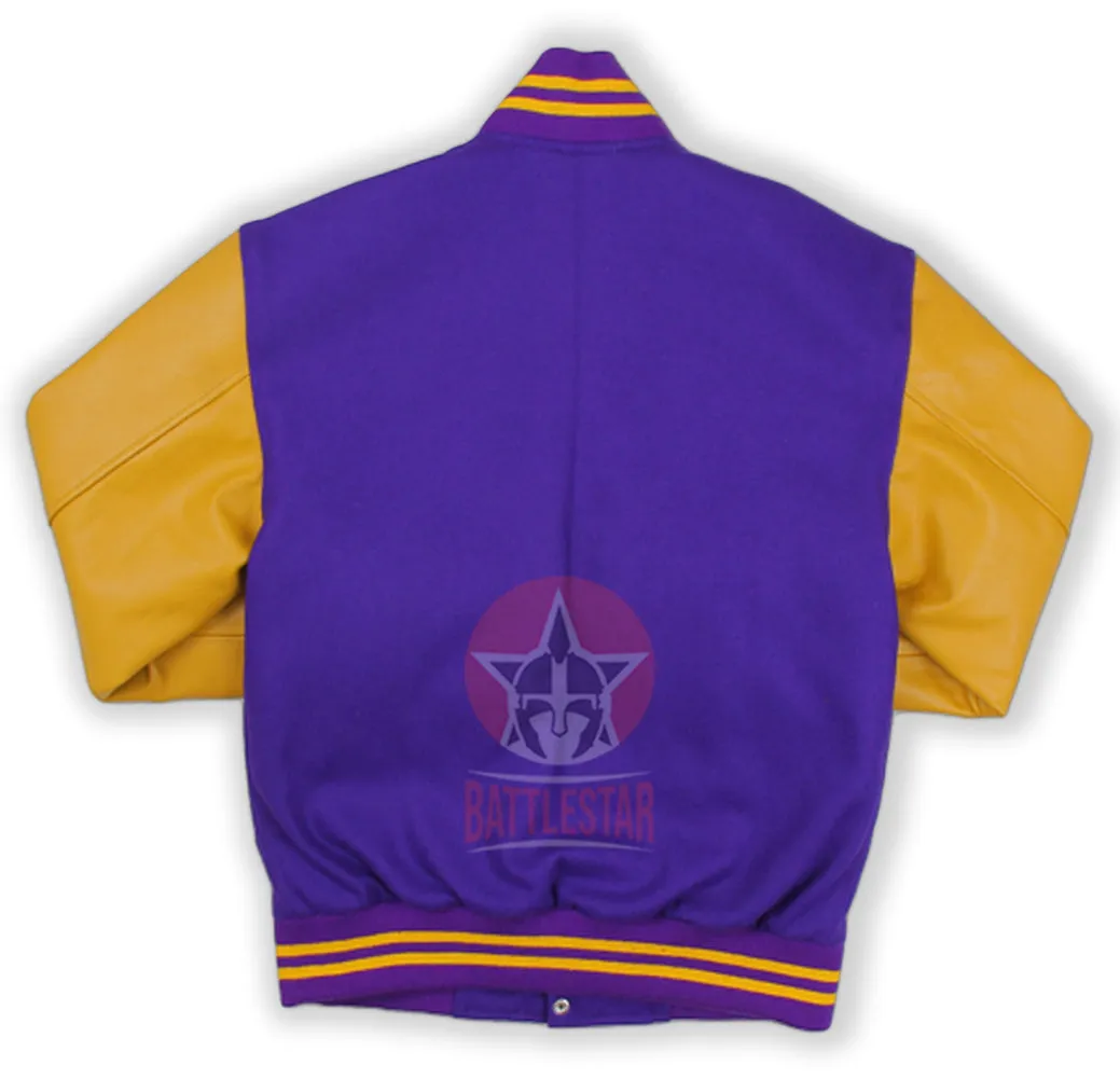 Purple Wool Varsity Jacket Gold Yellow Leather Sleeves