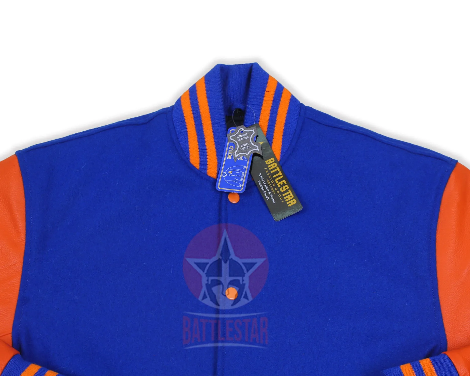 Royal Blue Wool Varsity Jacket Orange Leather Sleeves