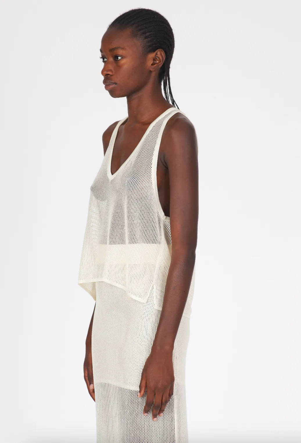 Shiny Viscose Mesh V Neck Tank - White