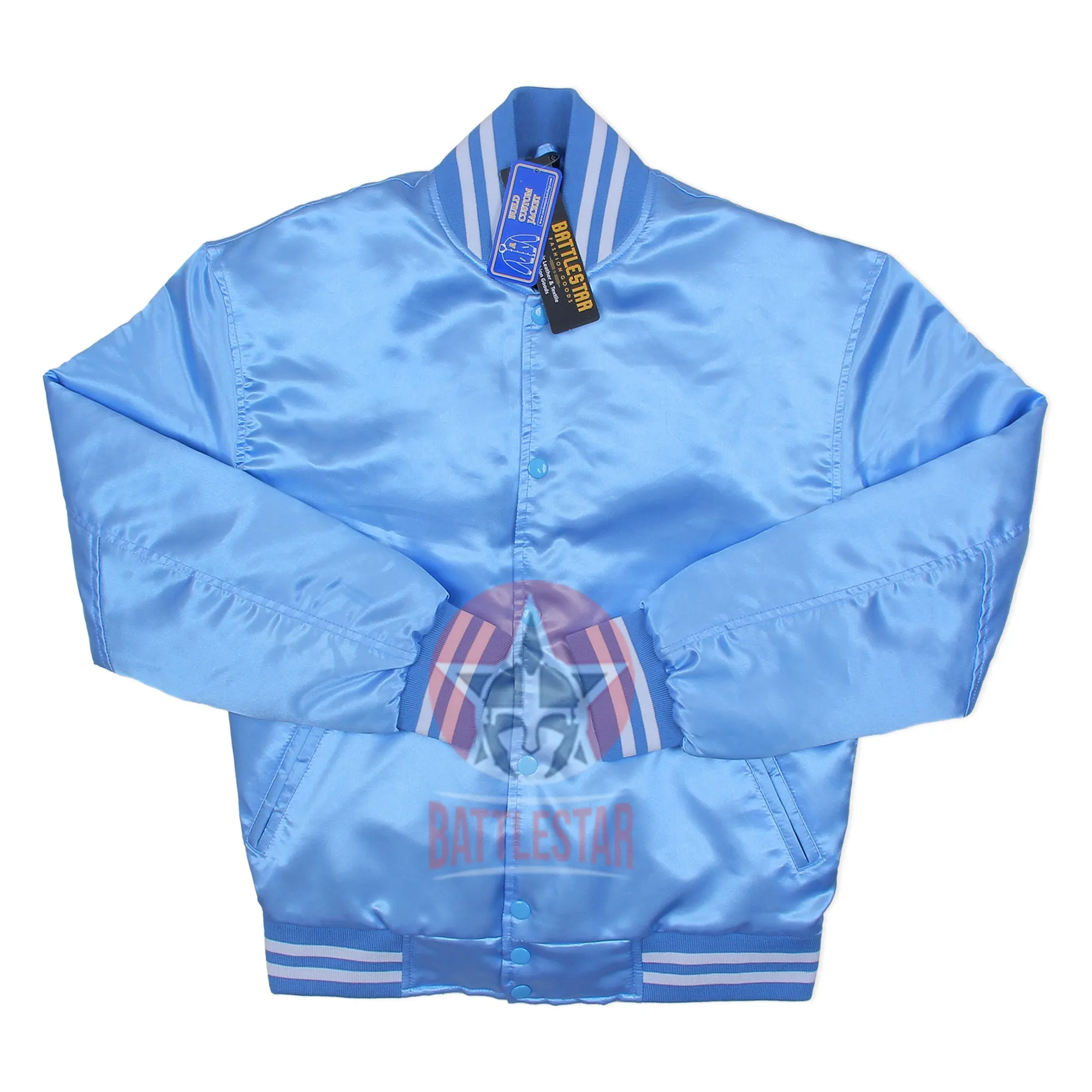 Sky Blue Satin Varsity Baseball Jacket White Rib