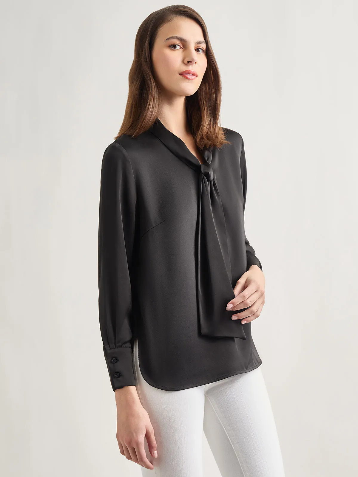 Solid Tie Neck Crepe de Chine Blouse