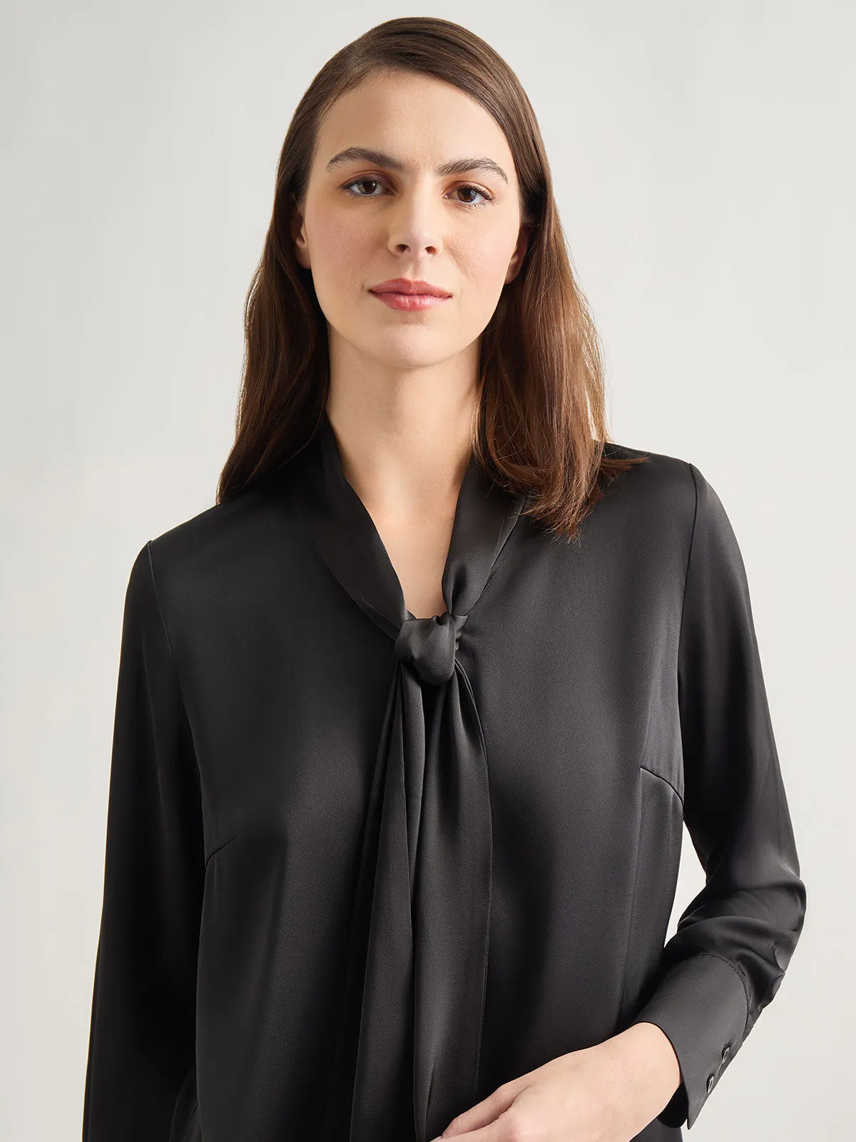 Solid Tie Neck Crepe de Chine Blouse