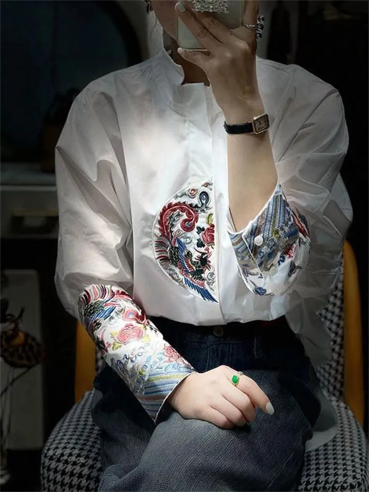 Stand Collar Chic Embroidered Shirts for Ladies