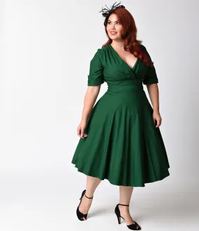 Unique Vintage Plus Size 1950s Emerald Green Delores Swing Dress with Sleeves