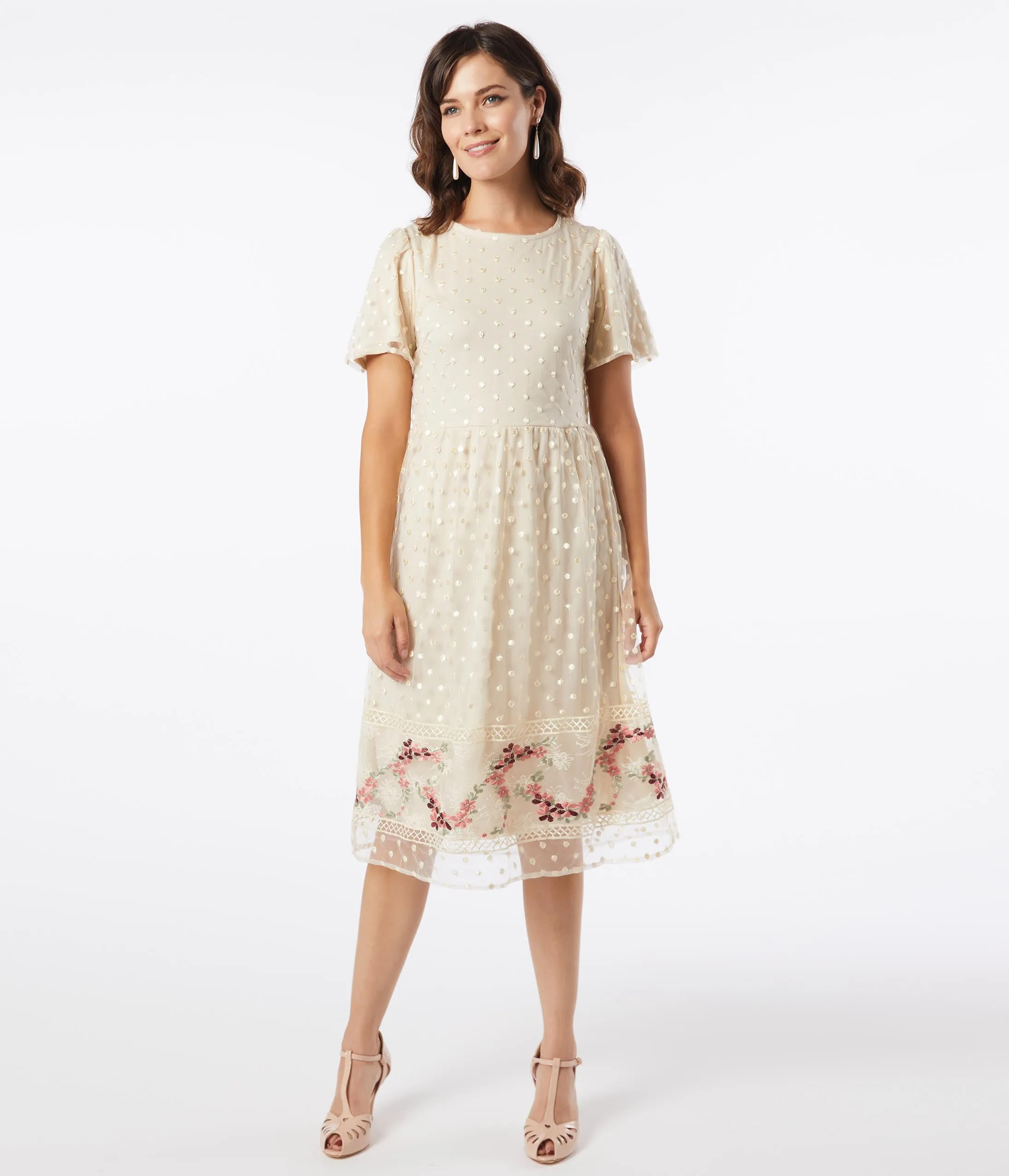 Vintage Style Cream Swiss Dot Midi Dress