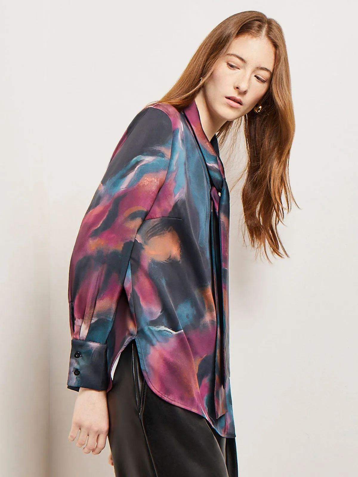 Watercolor Tie Neck Crepe de Chine Blouse