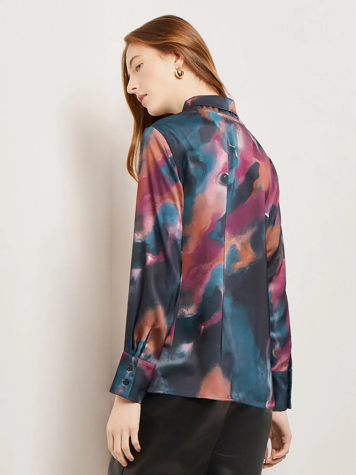 Watercolor Tie Neck Crepe de Chine Blouse