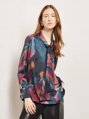 Watercolor Tie Neck Crepe de Chine Blouse