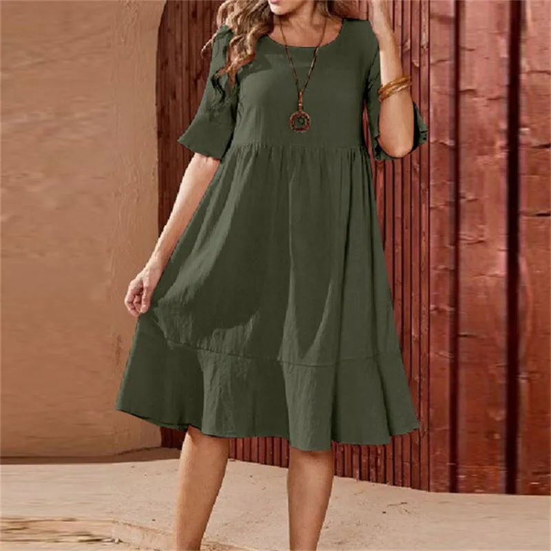 Women's Solid Color Loose Pleated Round Neck Dresses