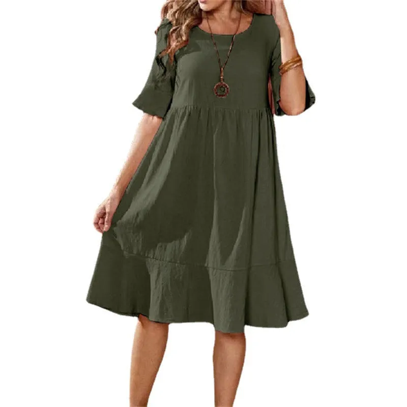 Women's Solid Color Loose Pleated Round Neck Dresses