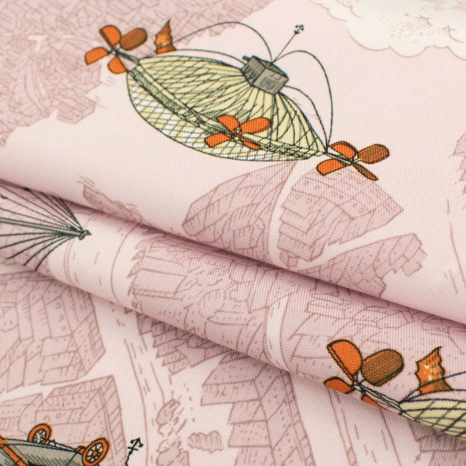 Woven Polyester Prints Design-3 Japanese Steampunk Airships on Baby Pink