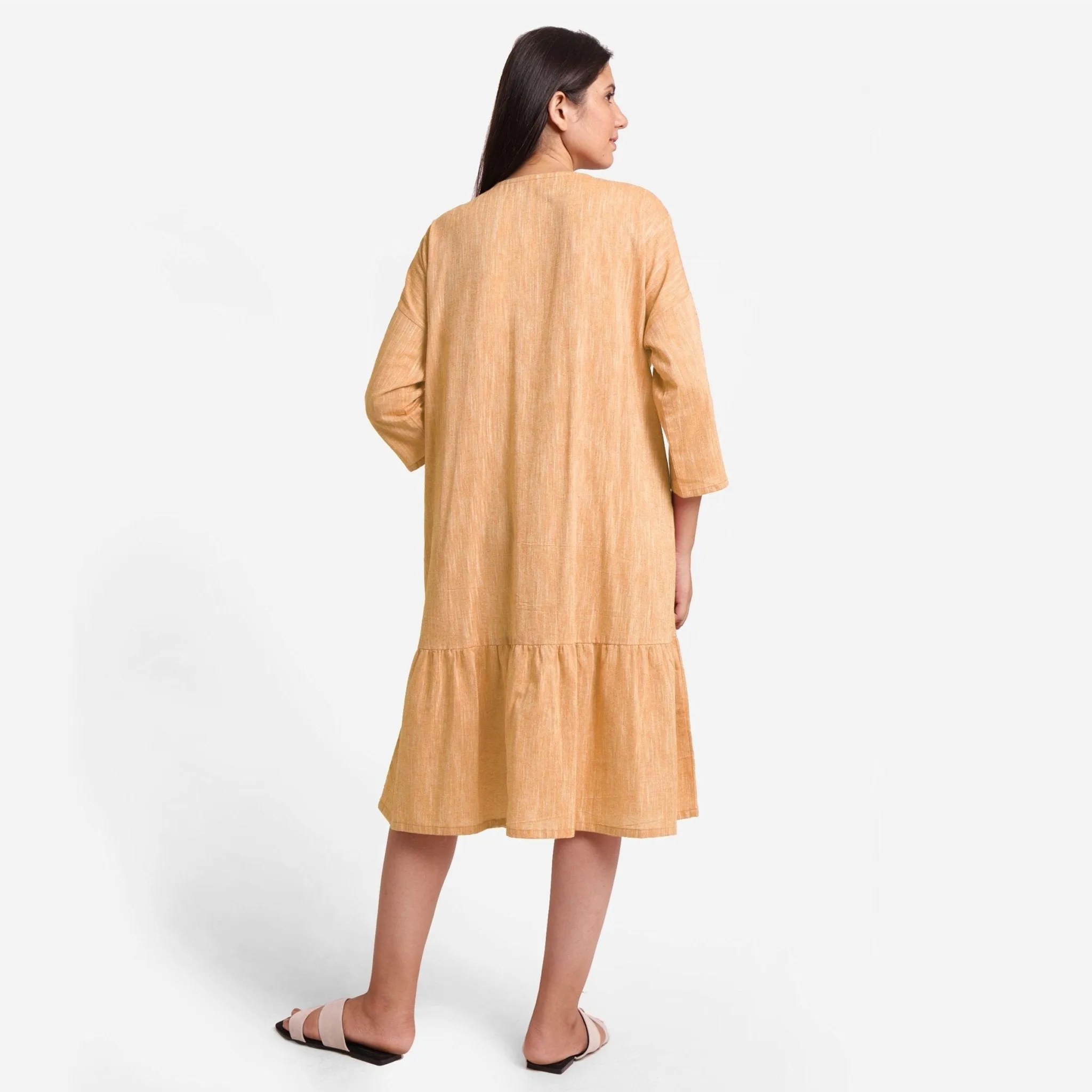 Yellow Yarn Dyed Cotton Boat Neck Midi Tier Dress