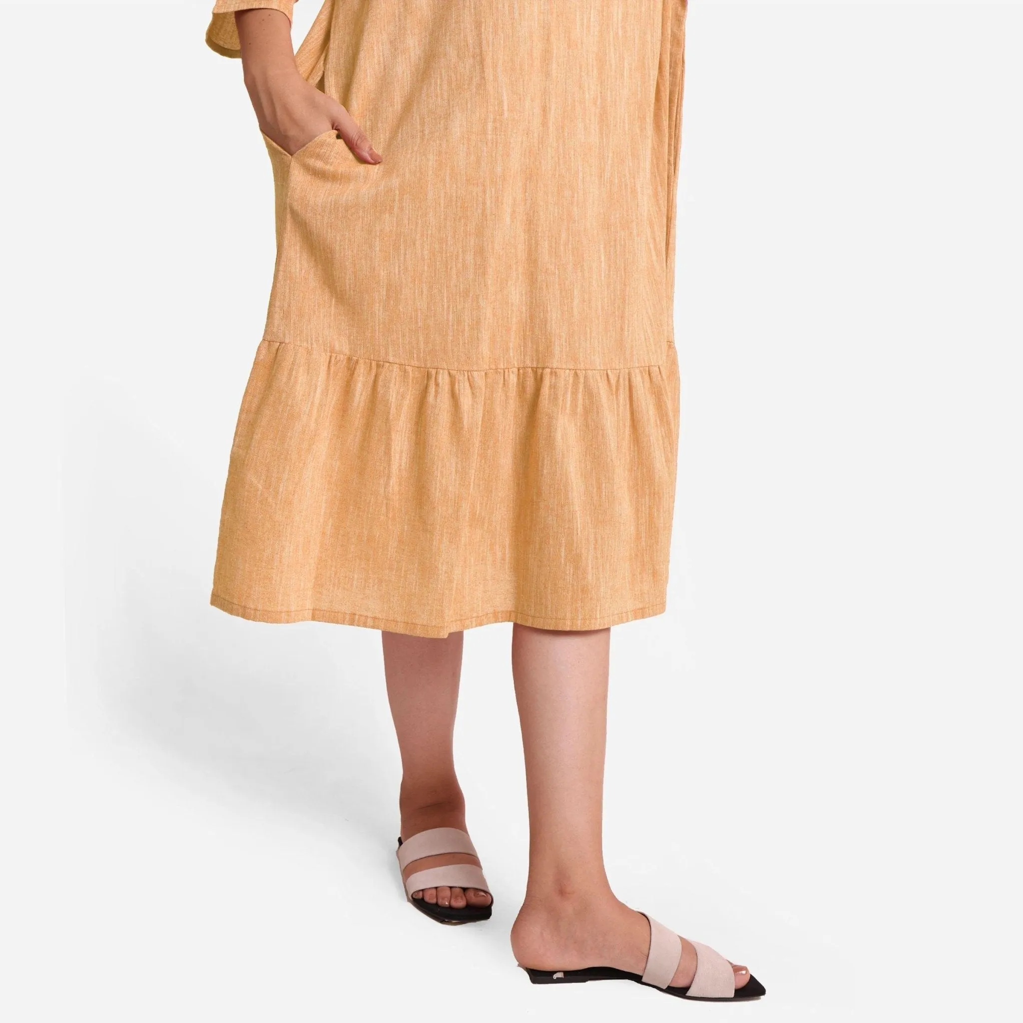 Yellow Yarn Dyed Cotton Boat Neck Midi Tier Dress