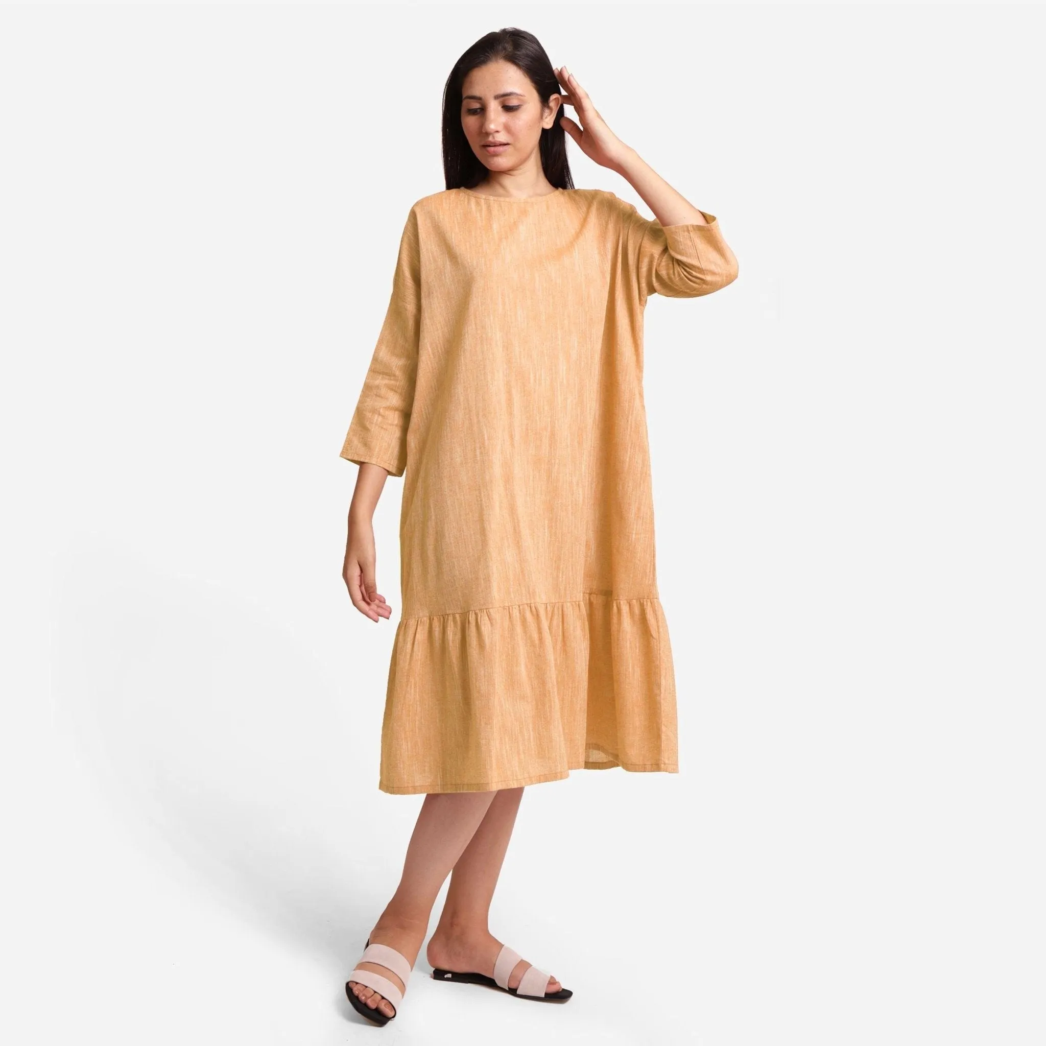 Yellow Yarn Dyed Cotton Boat Neck Midi Tier Dress