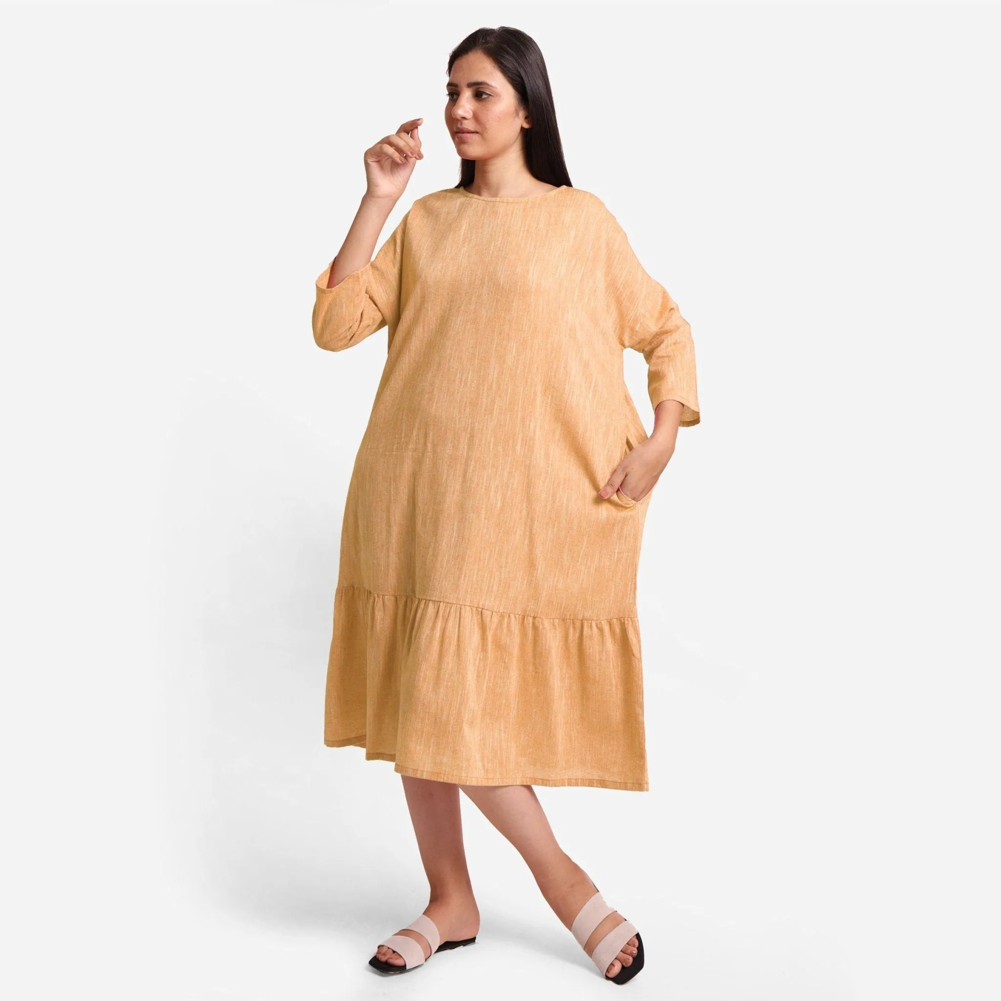 Yellow Yarn Dyed Cotton Boat Neck Midi Tier Dress