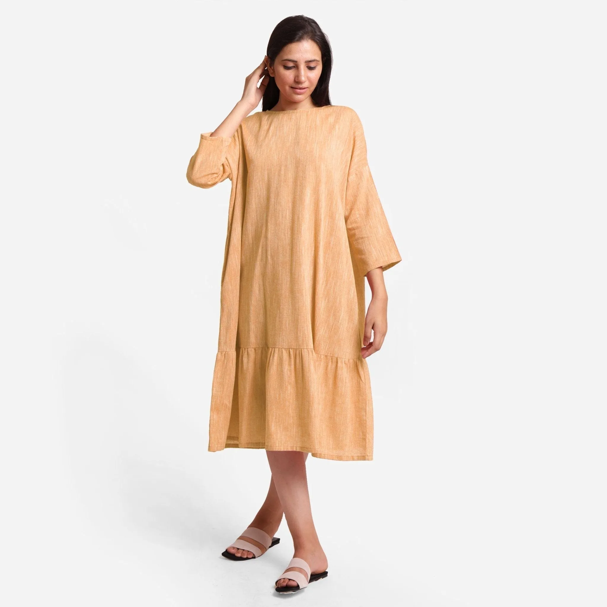 Yellow Yarn Dyed Cotton Boat Neck Midi Tier Dress