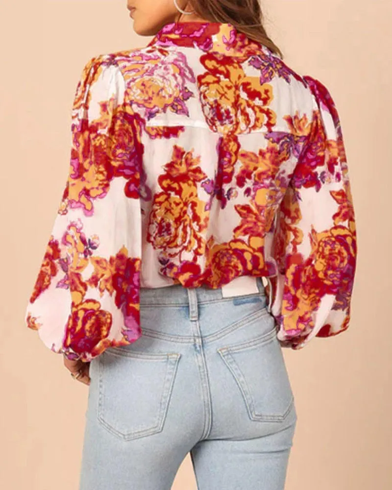 Zeagoo Printed Lantern Long Sleeve Blouse