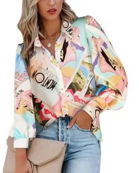 Zeagoo Printed Lantern Long Sleeve Blouse