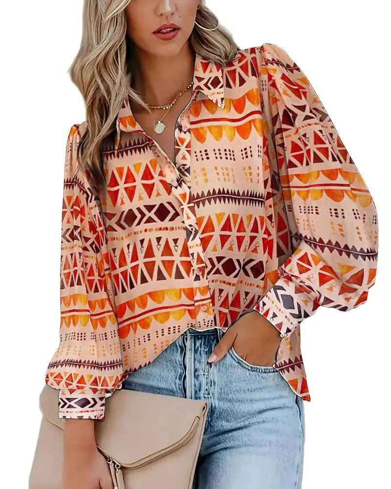 Zeagoo Printed Lantern Long Sleeve Blouse