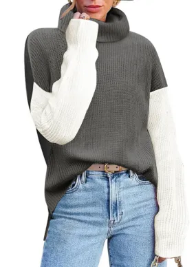 Zeagoo Womens Turtleneck Sweaters Color Block Cozy Knit Pullover